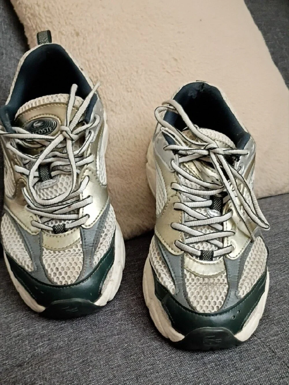 Lacoste Women's Cream Mesh Sneakers with Dark Green Accents